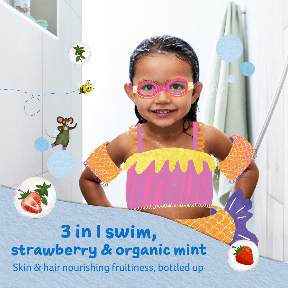 , Kids 3 in 1 Swim, Strawberry and Organic Mint 250 ml, Body Wash, Shampoo and Conditioner, Suitable for Dry, Sensitive and Eczema-Prone Skin