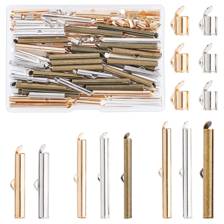 10 Styles Slide On End Clasp, 100pcs Jewelry Tube End Bar Slider End Caps Brass Tubes Clasp Crimp Terminators for Seed Beads Waist Beads Multi-Strand Necklace Bracelet Making