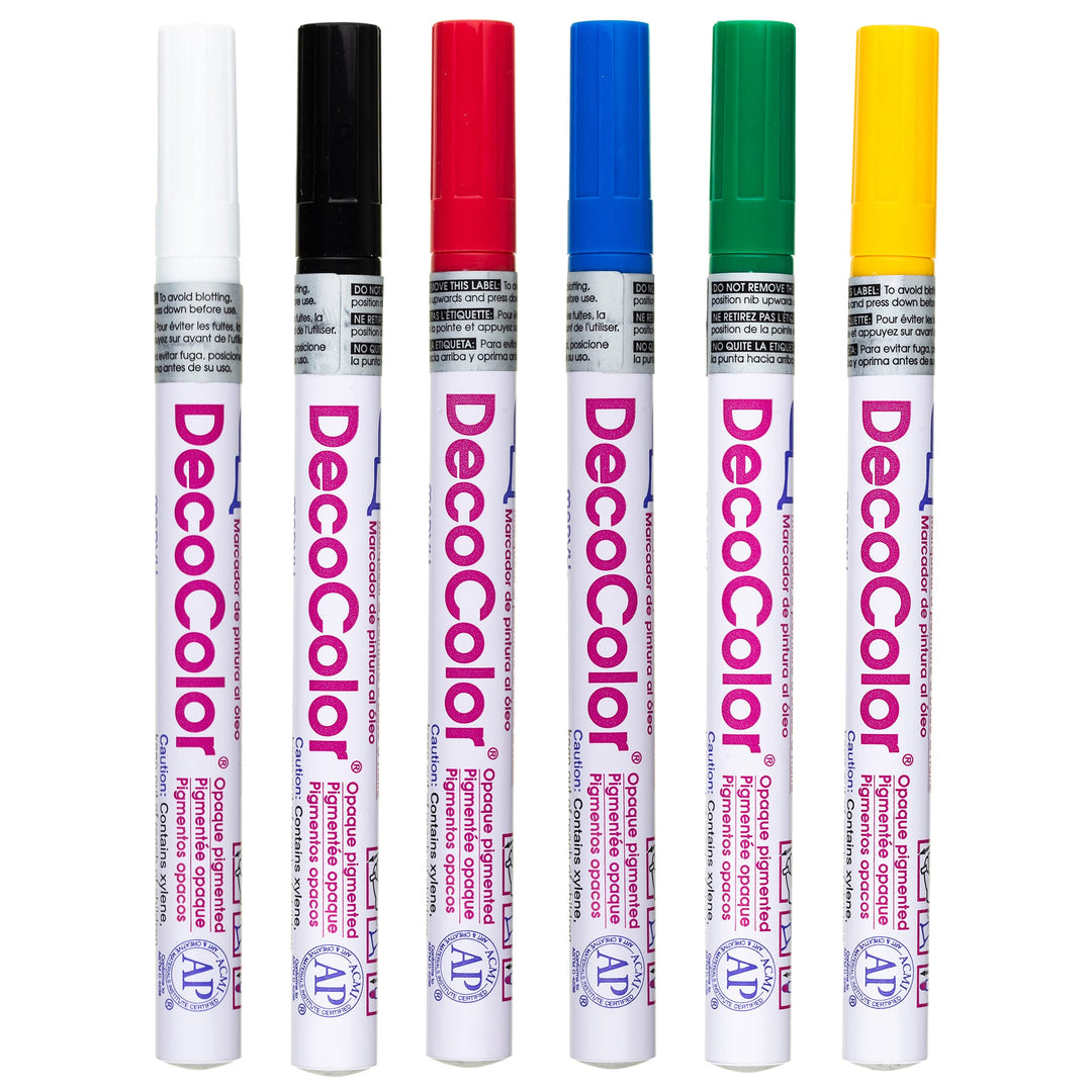 Uchida 200-6A 6-Piece Decocolor Fine Point Paint Marker Set, Red, Blue, Yellow, Green, Black, White