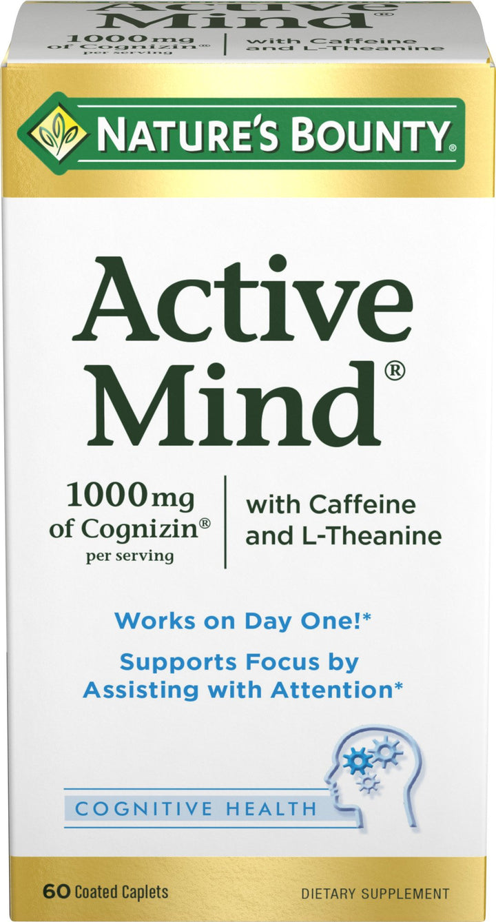 Nature's Bounty Active Mind Dietary Supplement, Supports Focus and Attention, 1000 mg Cognizin with L-Theanine and Caffeine Pills, 60 Caplets