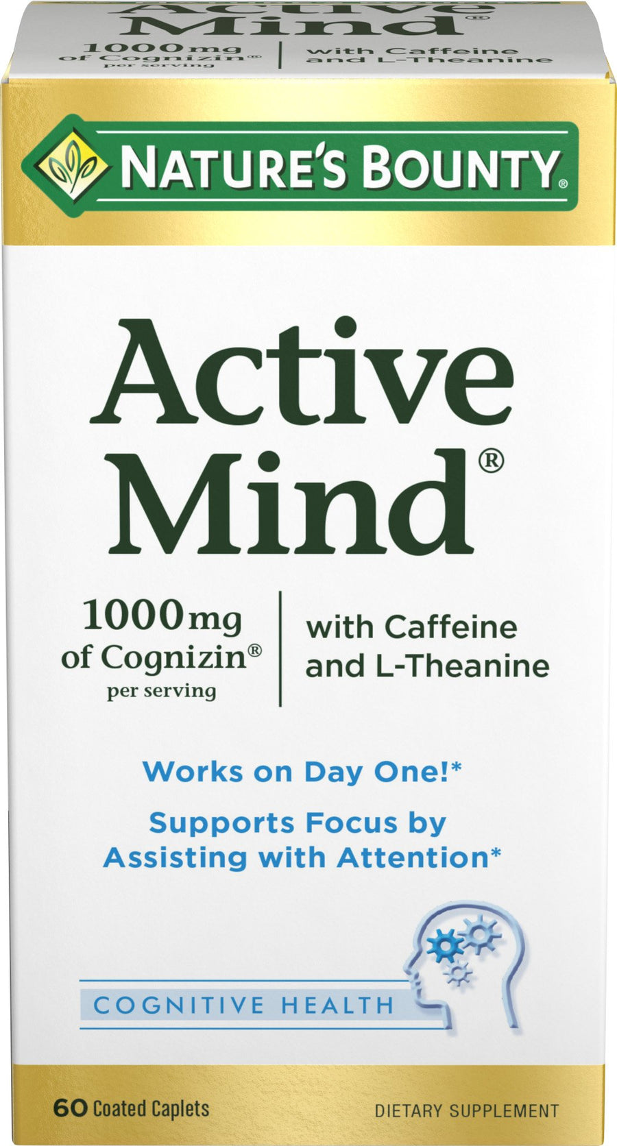 Active Mind Dietary Supplement, Supports Focus and Attention, 1000 mg Cognizin with L-Theanine and Caffeine Pills, 60 Caplets