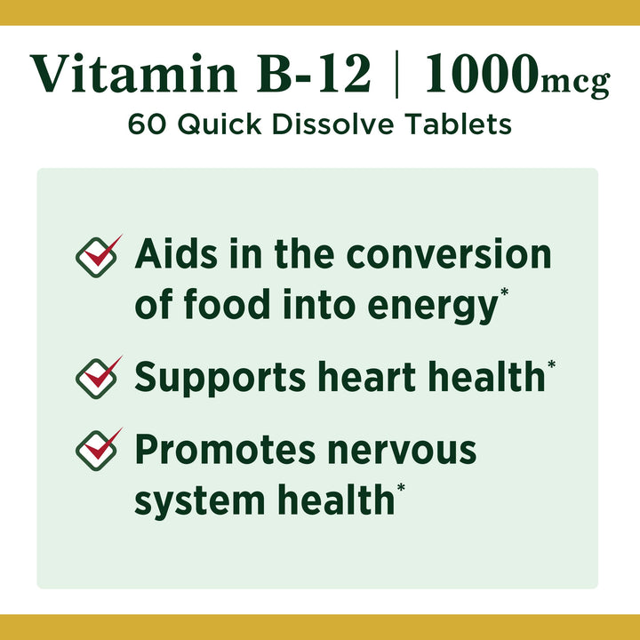 Nature's Bounty Vitamin B12, Supports Energy Metabolism and Nervous System Health, 1000mcg, 60 Quick Dissolve Tablets