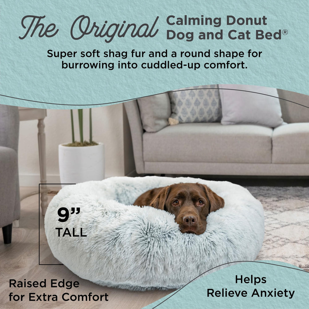 The Original Calming Donut Dog and Cat Bed in Shag Fur, Frost Gray, Large, 36x36