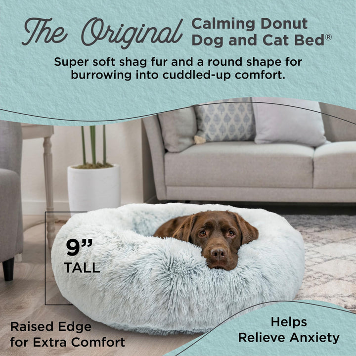 The Original Calming Donut Dog and Cat Bed in Shag Fur, Frost Gray, Large, 36x36