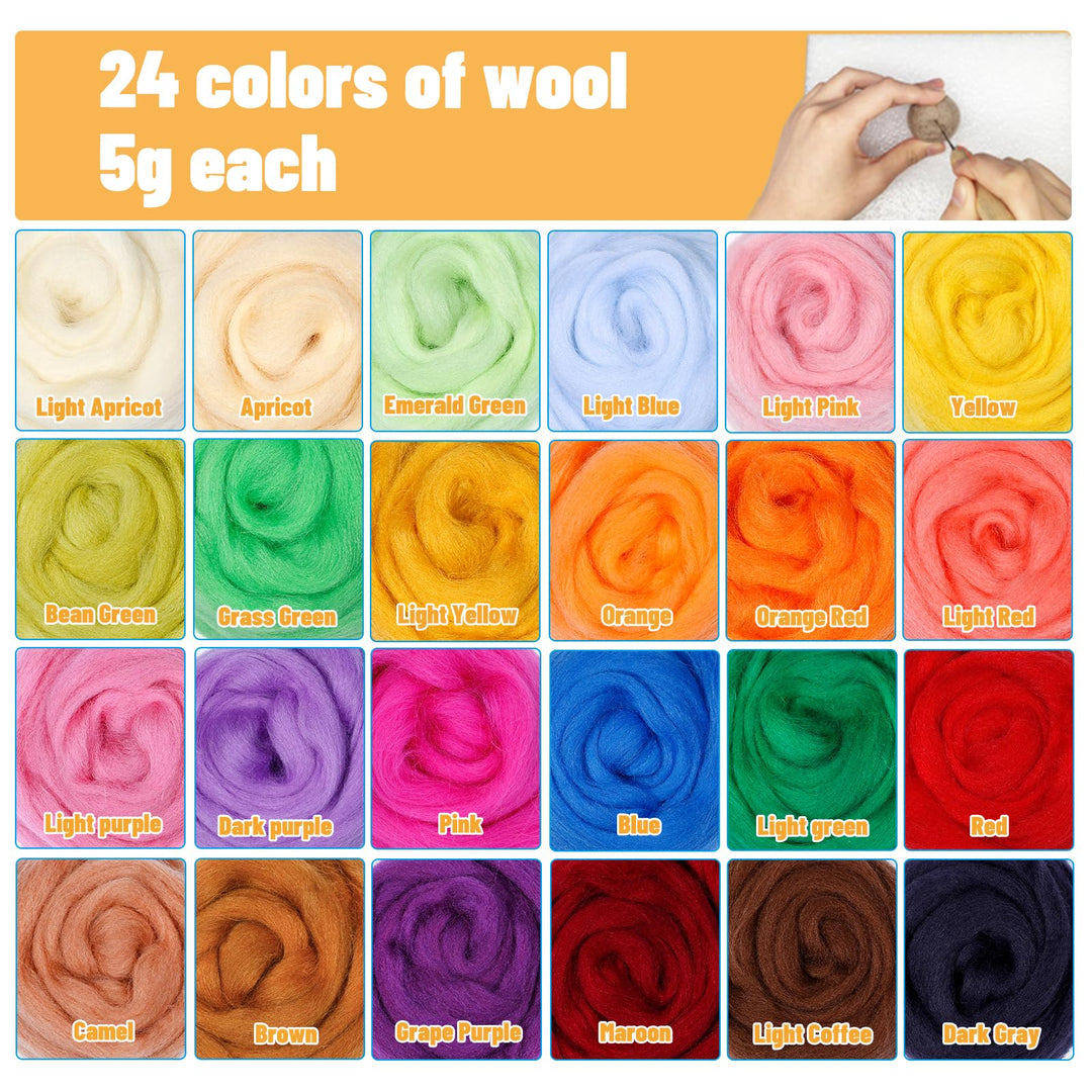 Needle Felting Kit, Wool Roving (5g/Color), Complete Needle Felting Starter Kit with Basic Felt Tools and Supplies Wool Fibre Spinning Craft Wet Felting Material for Beginners