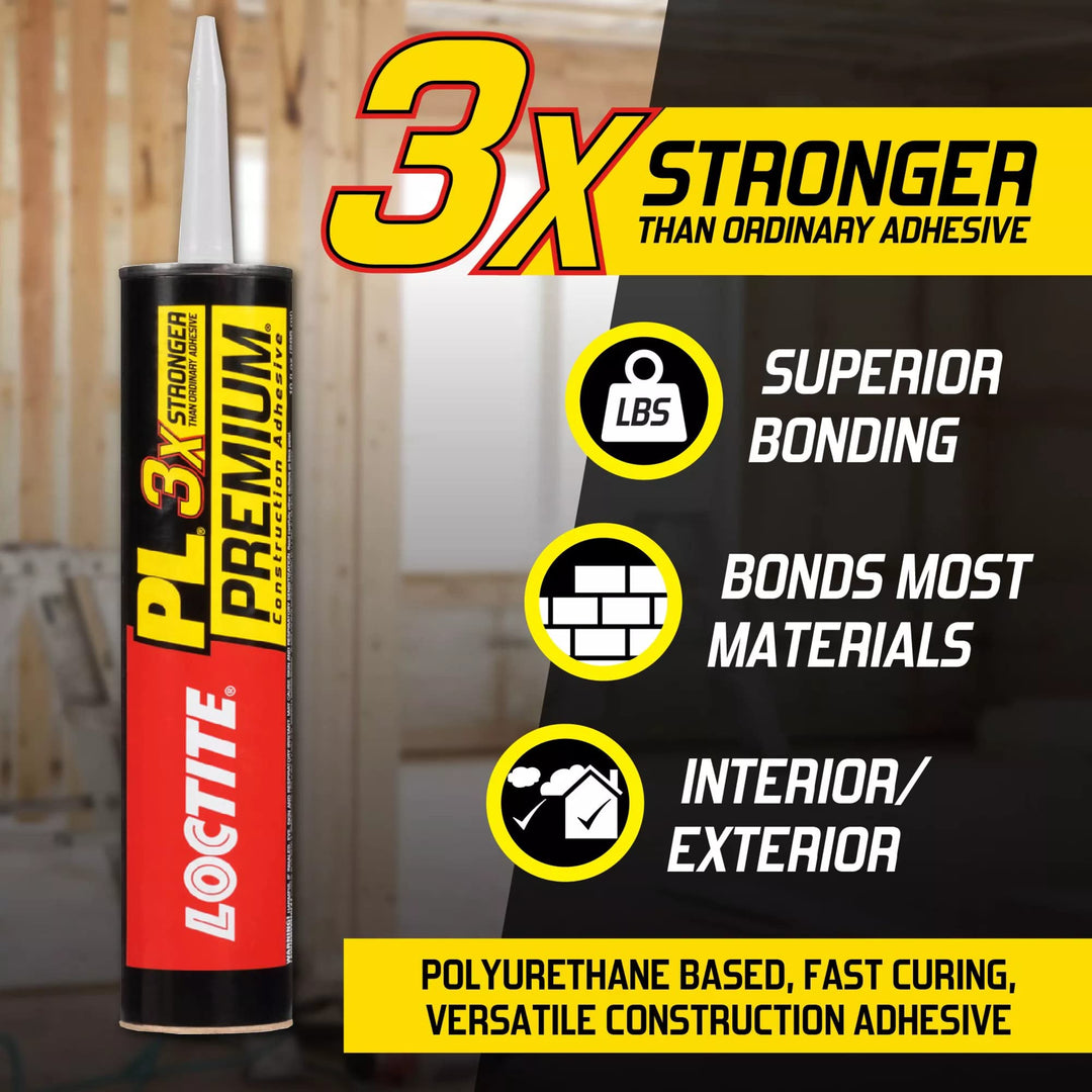 PL Premium Polyurethane Construction Adhesive, Versatile Construction Glue for Wood, Concrete, Stone, Metal & More- 10 fl oz, Cartridge, 12 Pack
