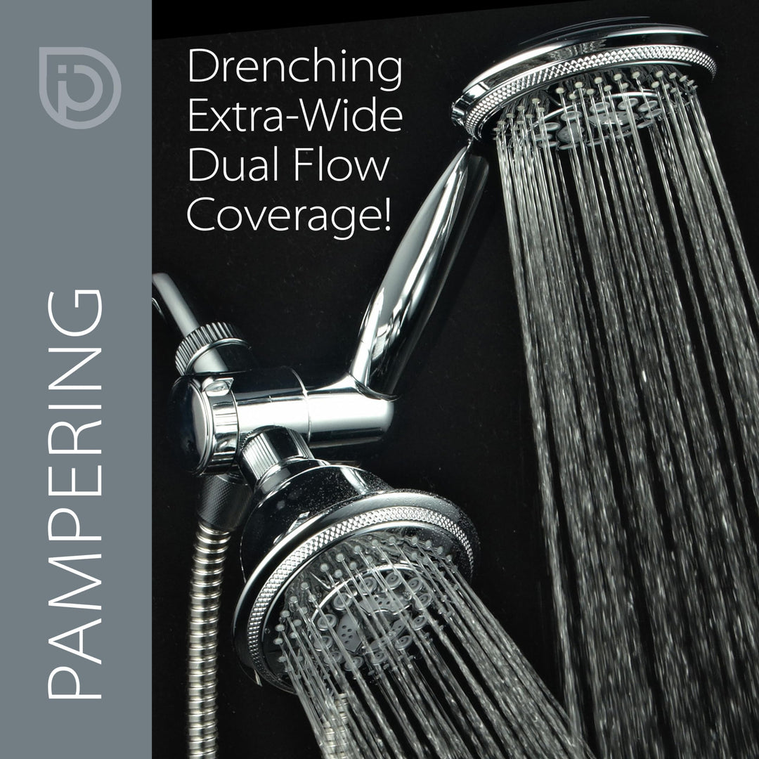 1433 Handheld Showerhead & Rain Shower Combo. High Pressure 24 Function 4 Face Dual 2 in 1 Shower Head System with Stainless Steel Hose, Patented 3-way Water Diverter in All-Chrome Finish