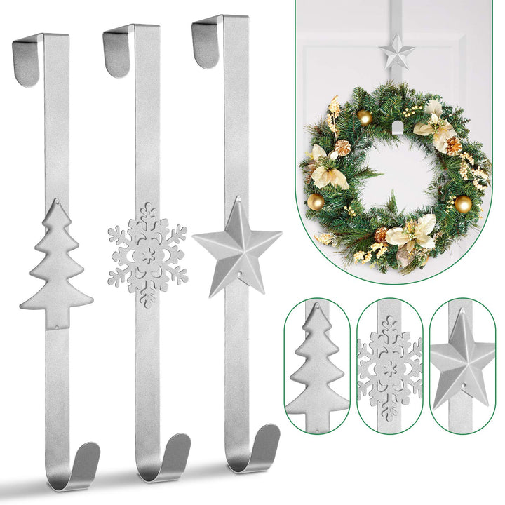 3Pccs Christmas Wreath Hanger Over The Door Metal Wreath Hook Star Christmas Tree Snowflake Hook for Xmas Party Decor Door Wall Home Office, Gold, 15in