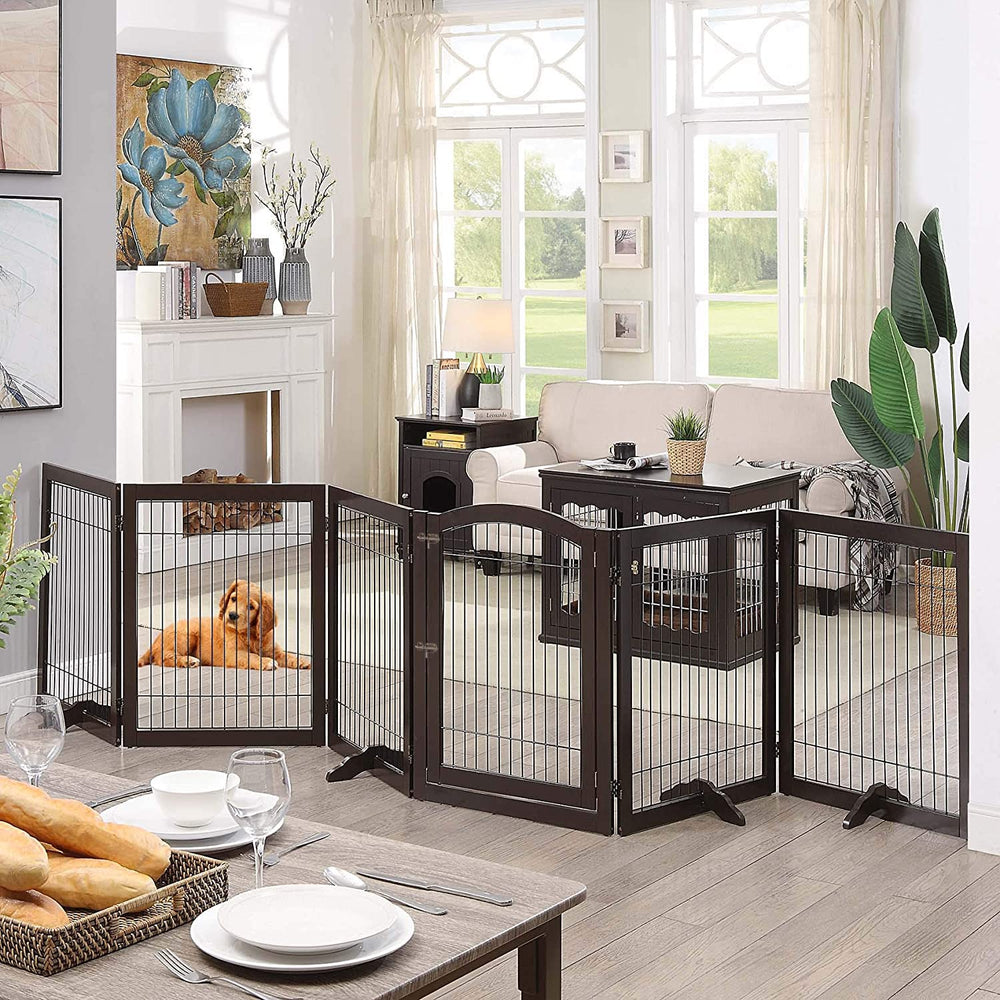 144 Extra Wide Dog Gate and Pet Playpen, Free Standing Tall Dog Fence with Walk Through Door, Barriers for Home, Use as Indoor Cats Pen, Rabbit Pen, Espresso