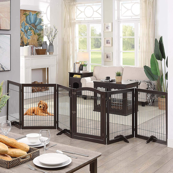 144 Extra Wide Dog Gate and Pet Playpen, Free Standing Tall Dog Fence with Walk Through Door, Barriers for Home, Use as Indoor Cats Pen, Rabbit Pen, Espresso