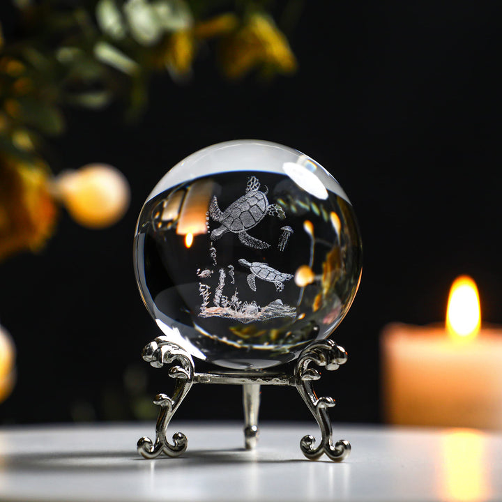 60mm 3D Glass Laser Sea Turtle Ball Paperweights 2.3inch Crystal Ball with Stand Table Decoration for Home Turtles Gifts for Kids Women