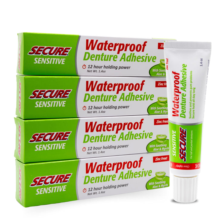 Sensitive Gums Waterproof Denture Adhesive Zinc Free with Aloe Vera & Myrrh - Extra Strong 12 Hour Hold - 1.4 oz (Pack of 4)