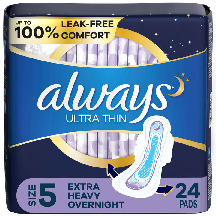 Ultra Thin Feminine Pads For Women, Size 5 Extra Heavy Overnight Absorbency, With Wings, Unscented, 24 Count