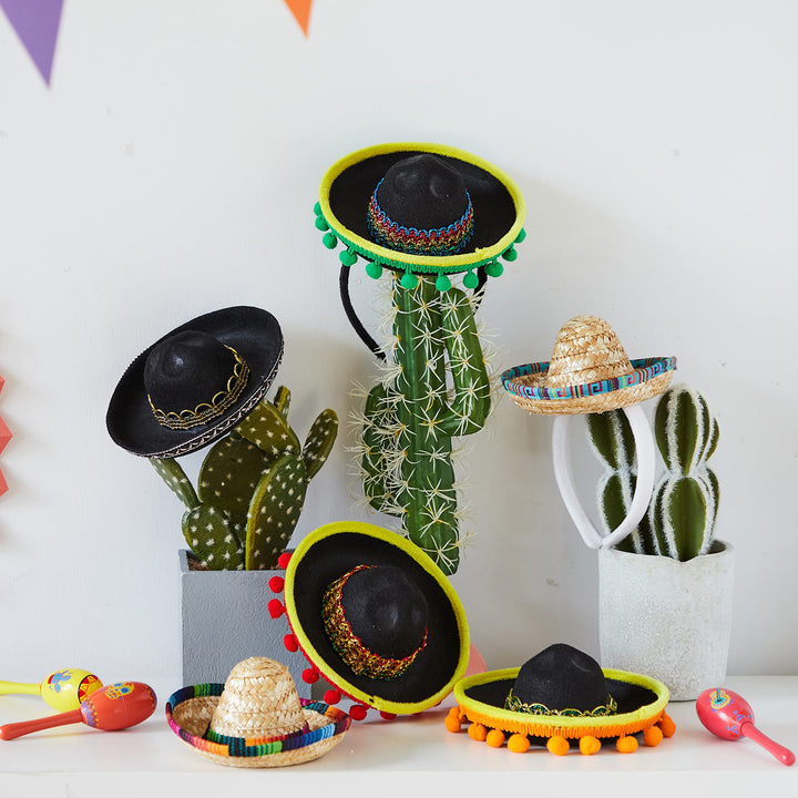 6 PCS Cinco De Mayo Fiesta Fabric and Straw Sombrero Headbands Party Costume for Fun Fiesta Hat Party Supplies, Luau Event Photo Props, Mexican Theme Decorations and Party Favors