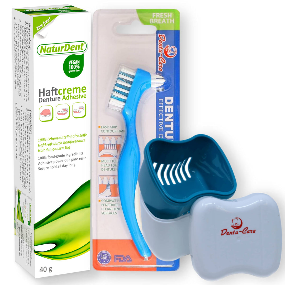 Natural Strong Denture Adhesive Holds Dentures Longer and Stronger NO Zinc NO Paraben No Yucky Taste Bundle with Dentu-Care Denture Storage Box Case and Denture Brush