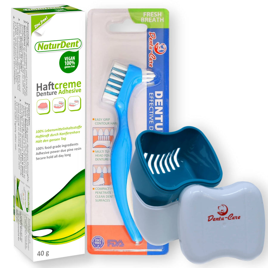 Natural Strong Denture Adhesive Holds Dentures Longer and Stronger NO Zinc NO Paraben No Yucky Taste Bundle with Dentu-Care Denture Storage Box Case and Denture Brush
