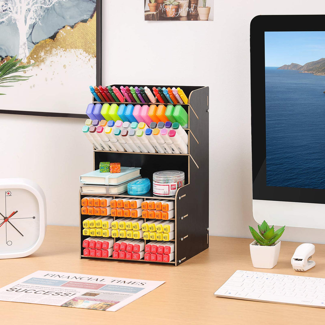 Upgraded Wooden Pencil Holder, Pen Organizer for Desk, Easy Assembly, Art Supply Organizer, Desktop Stationary Organizer Caddy (Black)