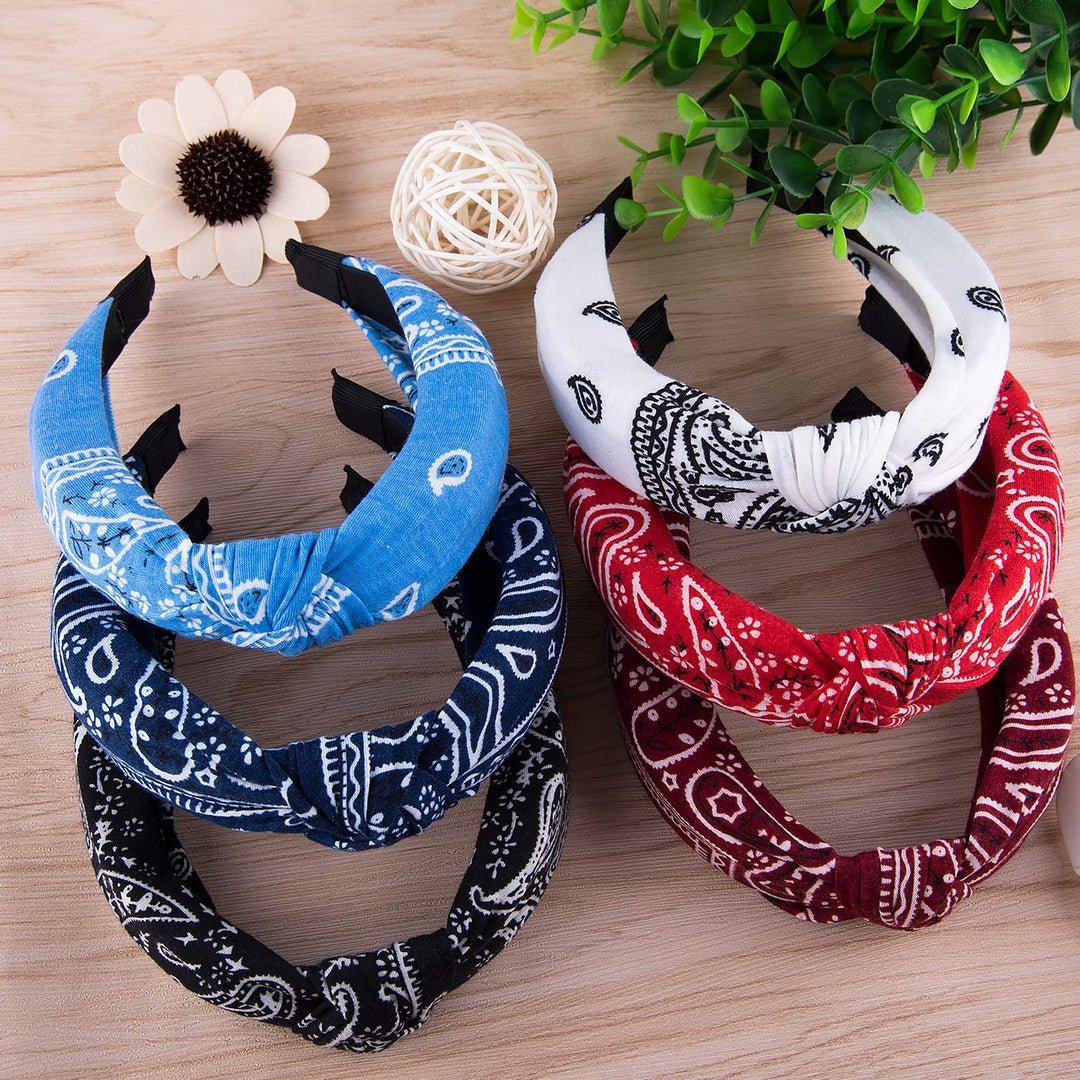 Women's Plastic Twisted Top Knot Paisley Boho Vintage Cross Headbands Wide Hairband, 6 Pieces