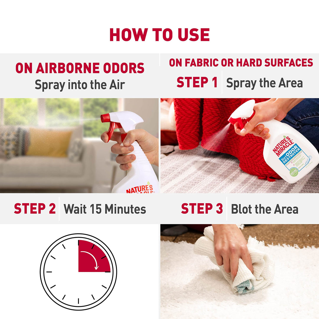 Nature's Miracle Pet Odor Eliminator, 3-In-1 Odor Destroyer, Airborne, Fabric and Hard Surface Floors, 24 oz Fresh Linen Scent