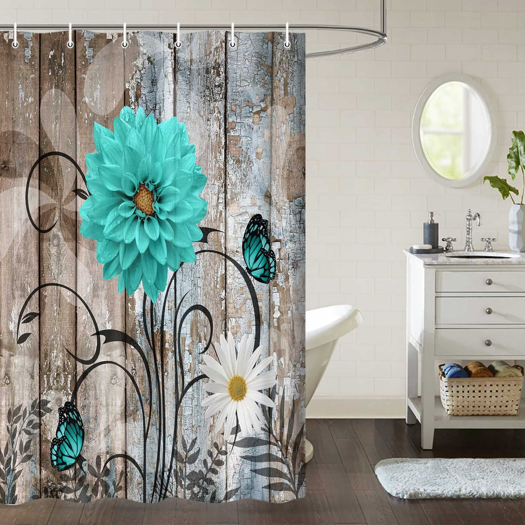 Rustic Floral Shower Curtain, Country Turquoise Blue Daisy Farmhouse Shower Curtain for Bathroom, Rustic Wooden Planks Shower Curtain Spring Shower Curtain Bathroom Set with Hooks, 36X72 Inch