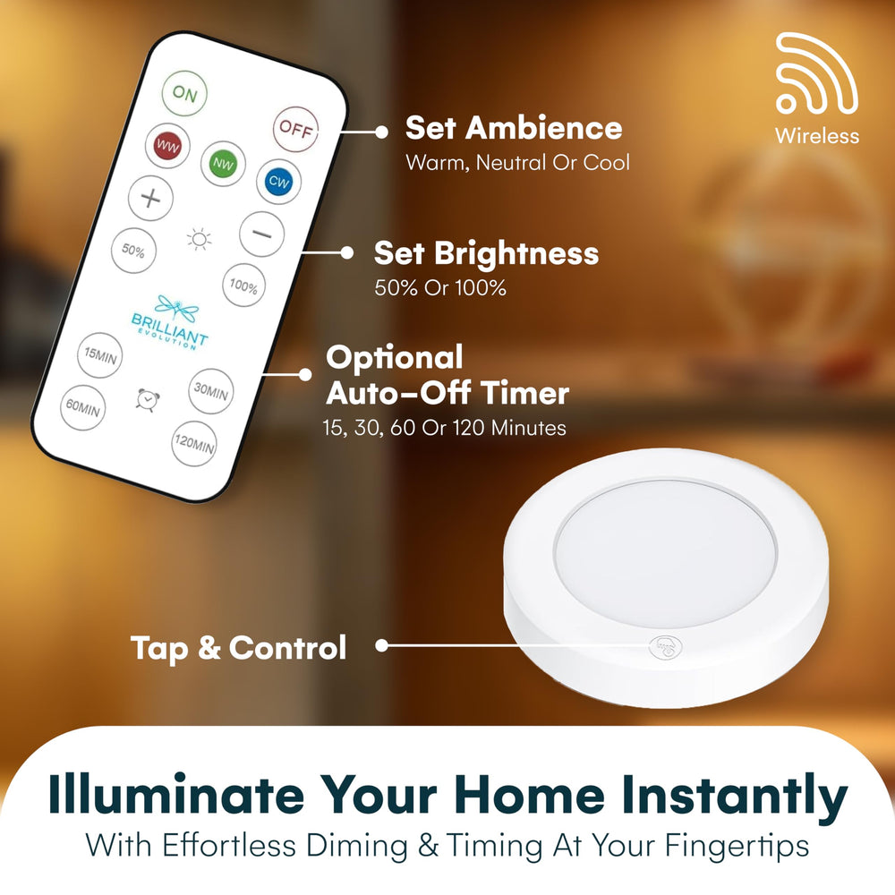 Wireless LED Puck Lights with Remote Control - Battery Operated Lights and Warm Light Under Cabinet, Closet, or Kitchen - Stick On Lights, Under Counter Lighting - Pack of 3, White