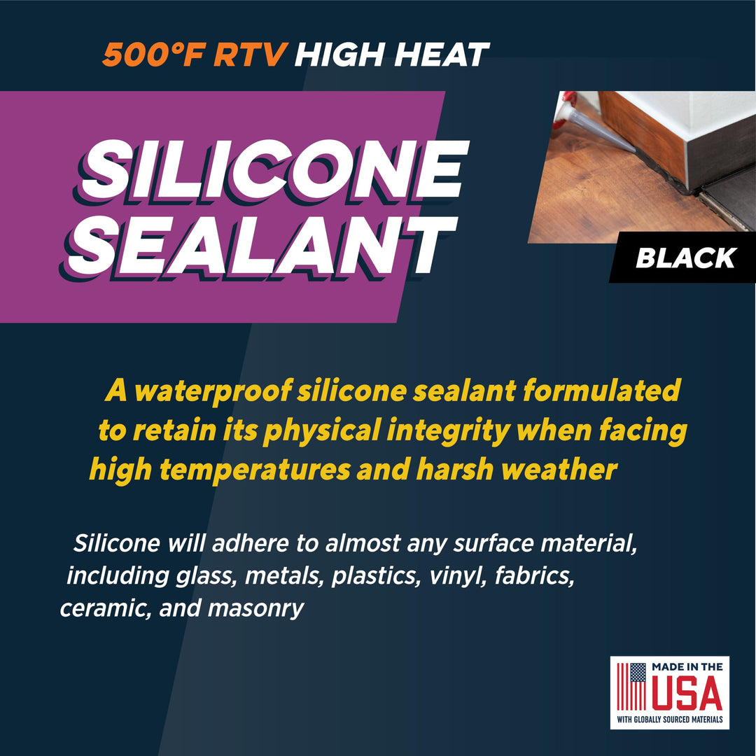 Rutland 500°F RTV High Heat Silicone, High Temperature Sealant, Black, 2.7 oz Tube