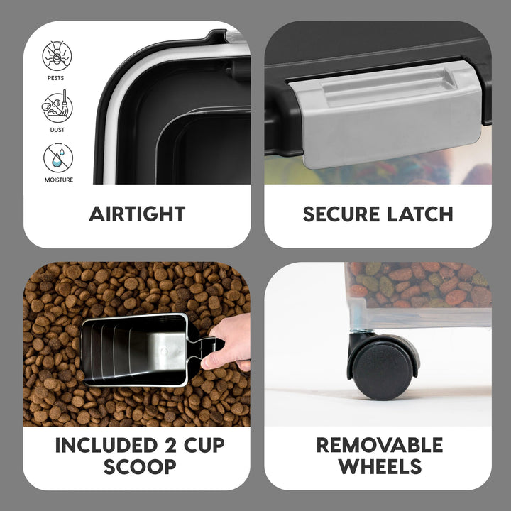 USA Dog Food Storage Container, 30 lbs & 11 lbs Combo, Cat Food Storage Container, Dog Treat Container, Airtight, Stackable, 2-Cup Scoop, Wheels, Easy Mobility, Black
