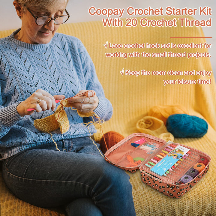 Crochet Kit Beginners Lace Crochet Hook Set with 20 Color Crochet Thread, 71PCS Crochet Set with Tiny Crochet Hooks Ergonomic Soft Grip, Travel Crochet Hook Case Full Knitting Crochet Supplies