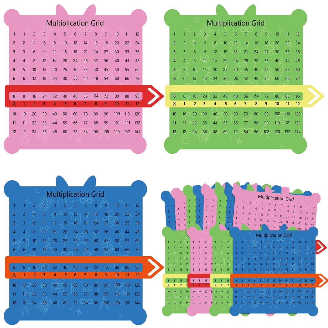 12 Pieces Multiplication Grid Slidable Education Multiplication Tables with Viewer Window for Classroom Teacher Supplies Elementary School Students and Homeschooling (Pink, Green, Blue)