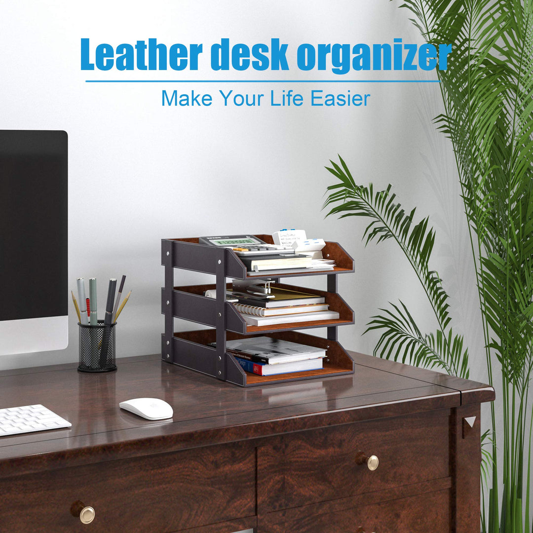 Leather Desk Organizer, VOYUTHY 3-Tier Stackable Desk Paper Tray for Files and Documents, Perfect Leather Letter Holder for Office (Brown)