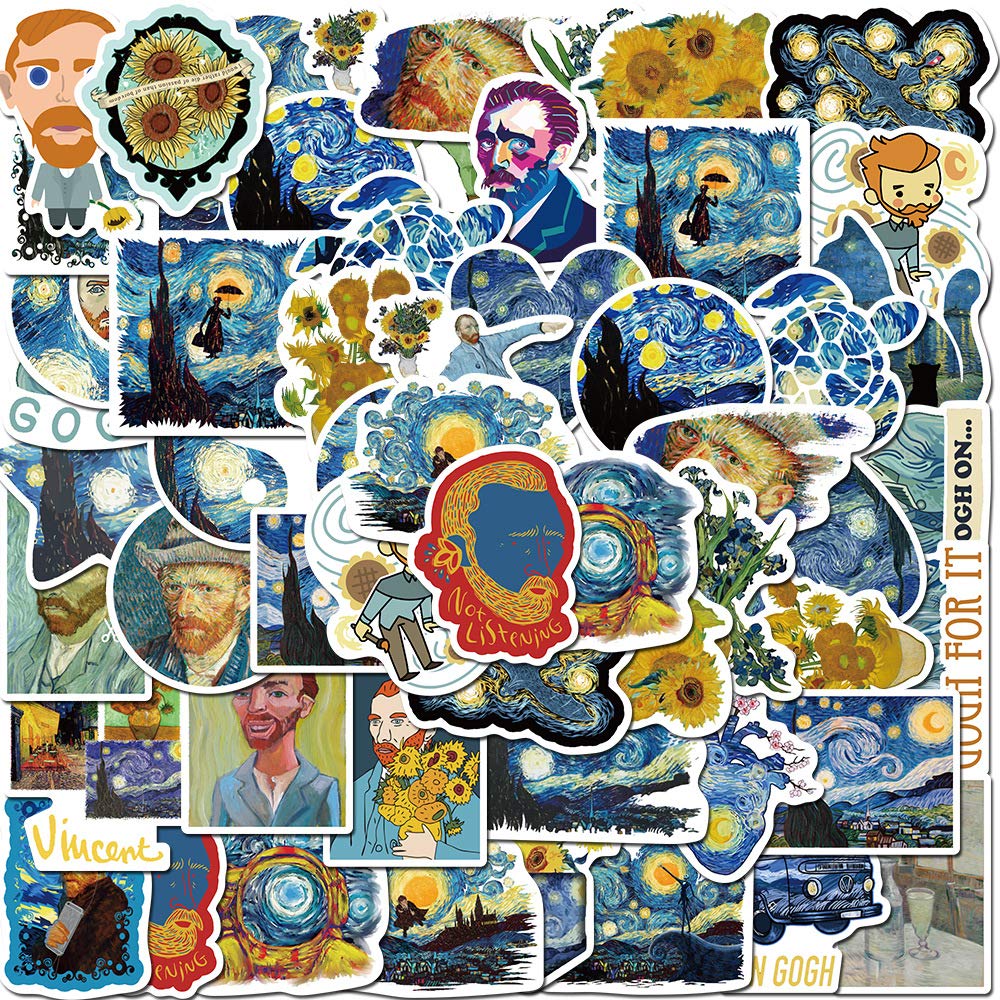 40Pcs Van Gogh The Starry Night Sunflowers Art Waterproof Stickers for Water Bottle Cup Laptop Bike Skateboard Luggage Box Vinyl Graffiti Patches BRJHSL