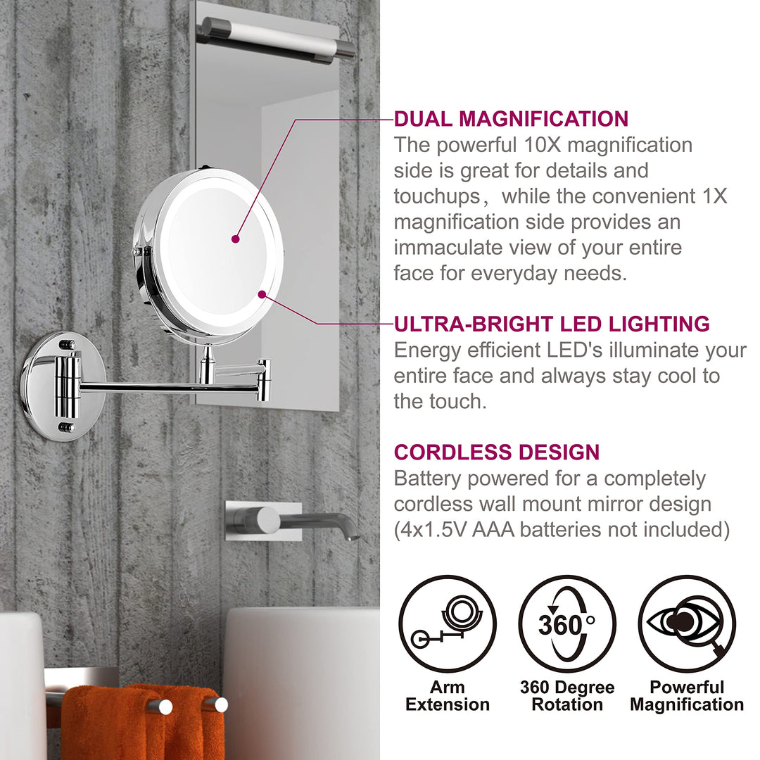 Wall Mounted Makeup Mirror with LED Lights and 1X/10X Magnifying 360° Swivel Extendable Vanity Mirror for Bathroom, Powered by Batteries (Not Included) 8 Inch,Chrome