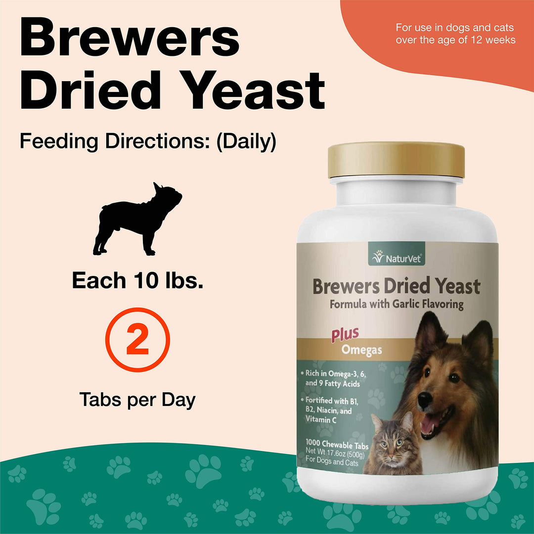 – Brewer’s Dried Yeast Formula with Garlic Flavoring – Plus Omegas | Rich in Omega-3, 6 & 9 Fatty Acids | Fortified with B1, B2, Niacin & Vitamin C | for Dogs & Cats | 1000 Chewable Tablets