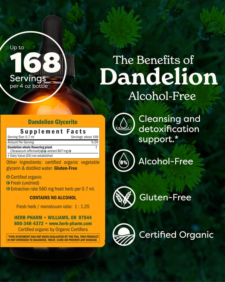 Certified Organic Dandelion Liquid Extract for Cleansing and Detoxification, Alcohol-Free Glycerite, 4 Ounce
