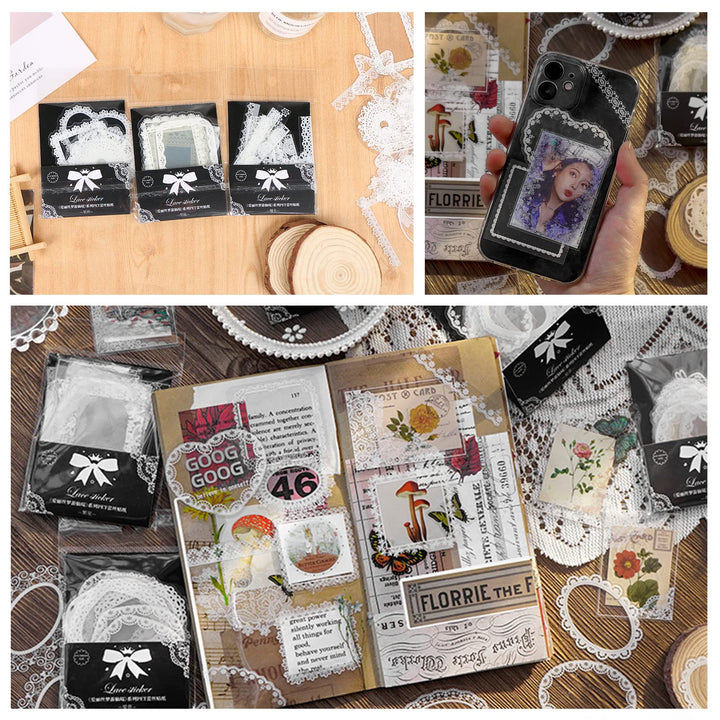 DREMISI 180Pcs Transparent Aesthetics Sticker Glassware Bottle Shape Stickers Lace Stickers PET Transparent Photo Frame Aesthetics Stickers for Scrapbook Journal Planner Diary Notebook Album, 6 Packs