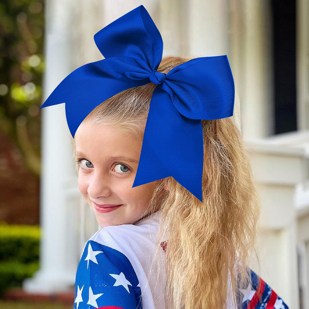 12PCS 8 Large Cheer Bow Blue Ponytail Holder Elastic Band Hair Ties Hair Bow Accessories for Cheerleading Teen Girls High School College Softball Competition Sports