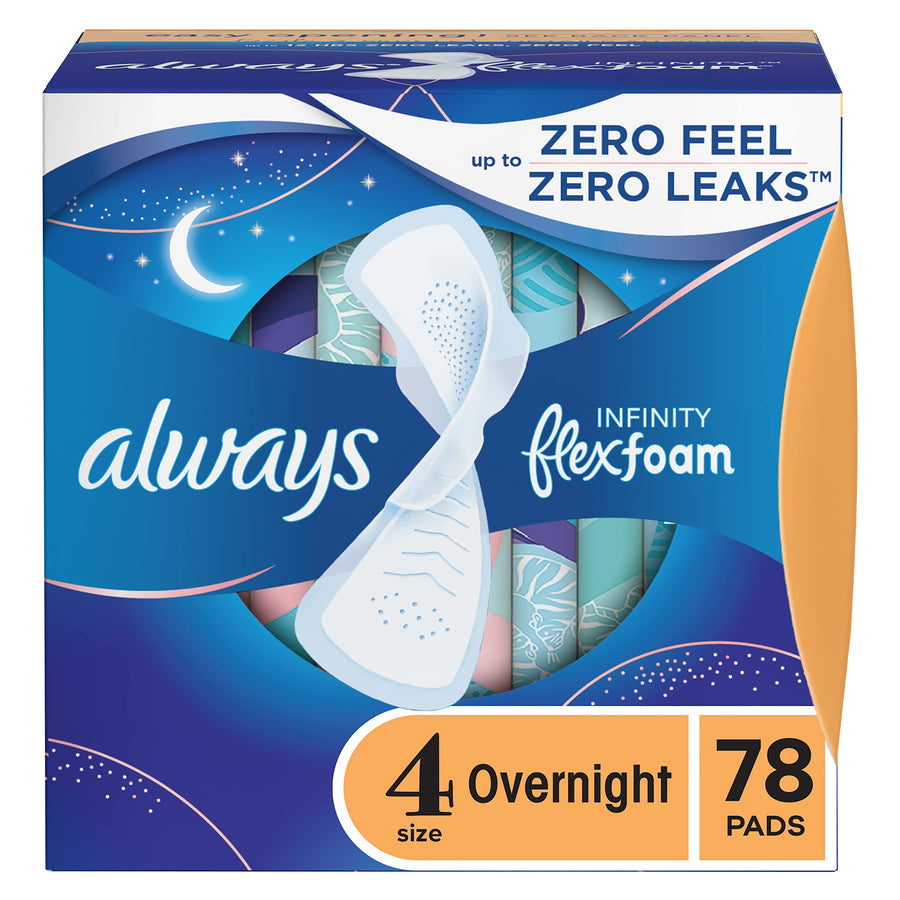 Infinity Feminine Pads for Women, Size 4 Overnight Absorbency, Multipack, with Flexfoam, with Wings, Unscented, 26 Count x 3 Packs (78 Count Total)
