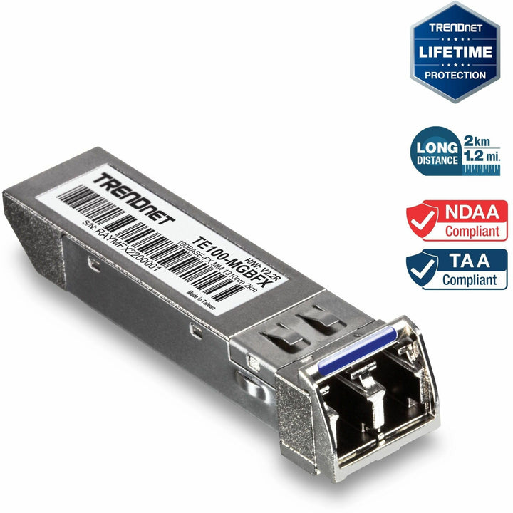 SFP to RJ45 100Base-FX Multi-Mode LC Module, TE100-MGBFX, Compatible with Mini-GBIC, Supports 1310 nm, Up to 155 Mbps, Hot-Pluggable, Up to 2 Km (1.2 Miles), Lifetime Protection