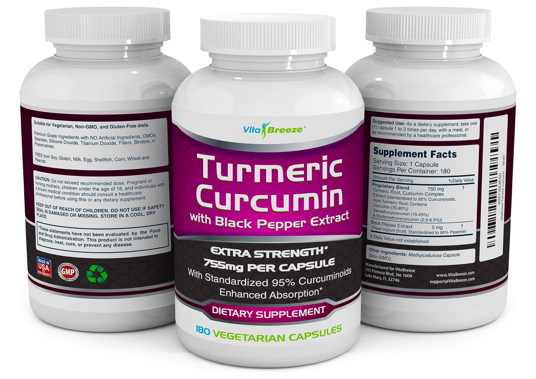 Turmeric Curcumin Complex with Black Pepper Extract - 755mg per Capsule, 180 Veg. Caps - Contains Piperine (for Superior Absorption and Tumeric Bio-Availability) and 95% Standardized Curcuminoids