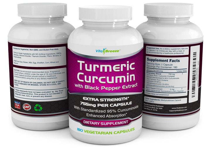 Turmeric Curcumin Complex with Black Pepper Extract - 755mg per Capsule, 180 Veg. Caps - Contains Piperine (for Superior Absorption and Tumeric Bio-Availability) and 95% Standardized Curcuminoids