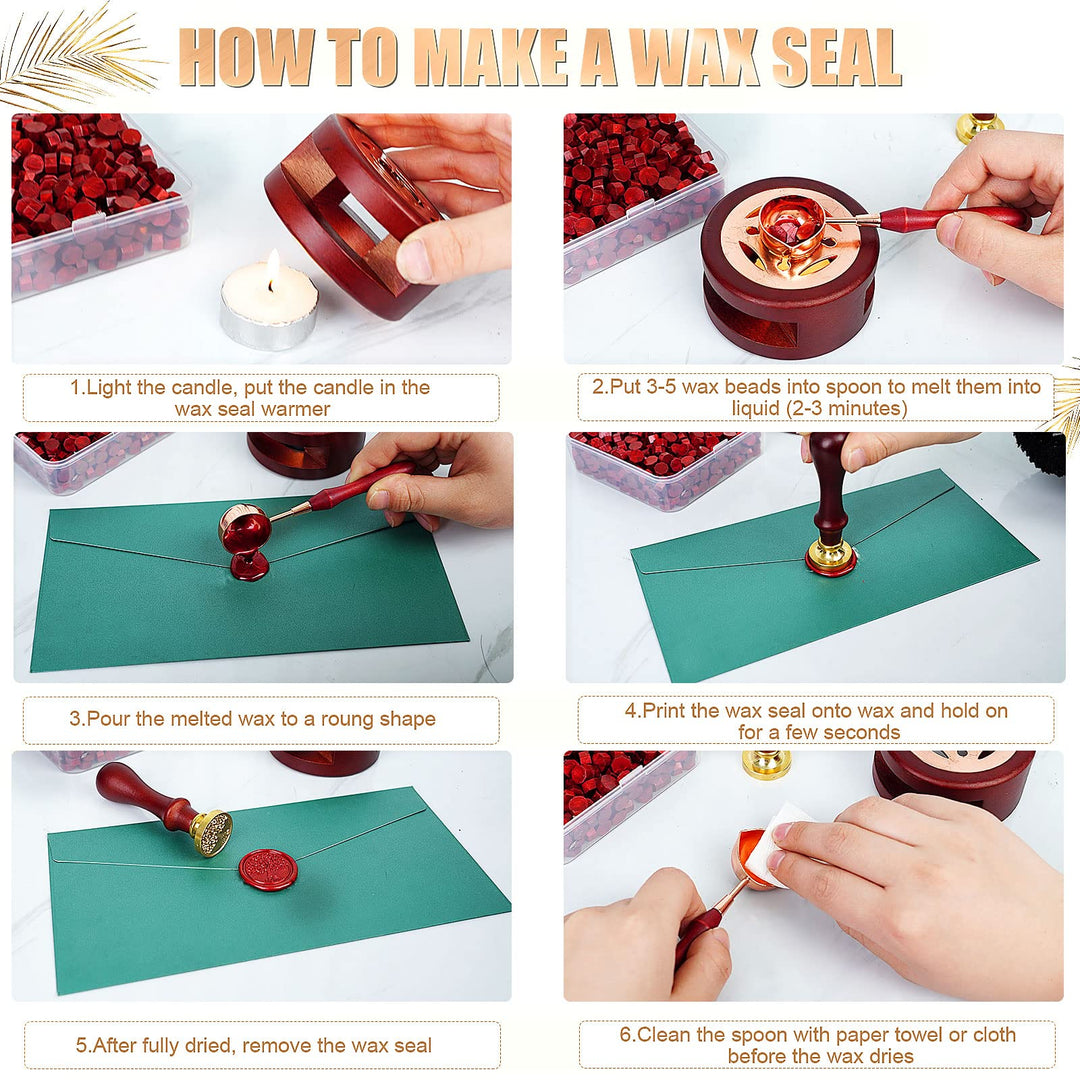 Wax Seal Stamp Kit, 357Pcs Wax Sealing Sets with Wax Beads, Seal Stamp, Wax Seals Warmer, Spoon, Candles, Wax Seal Kit for Christmas Vintage Envelopes Letters Mailing Crafts Gift(Wine Red)