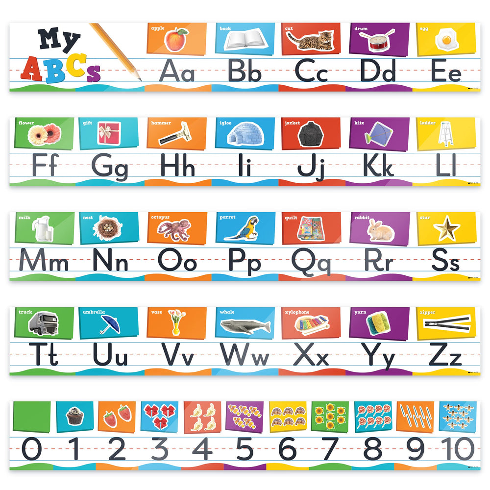 Alphabet Line For Classroom Wall - ABC Alphabet Banner & Number Border Posters - 8” x 56” Glossy Lamination 5 pcs - Kindergarten Preschool Classroom Alphabet Decorations Educational Poster