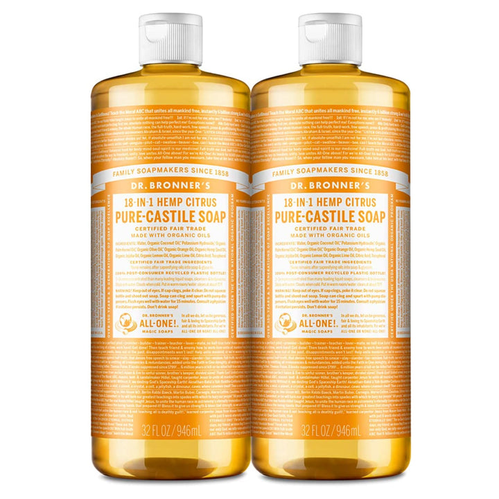 Dr. Bronner's - Pure-Castile Liquid Soap (Citrus, 32 ounce, 2-Pack) - Made with Organic Oils, 18-in-1 Uses: Face, Body, Hair, Laundry, Pets and Dishes, Concentrated, Vegan, Non-GMO