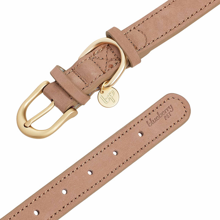 Soft & Comfy Genuine Full Grain Leather Adjustable Dog Collar - Beige, Large, Neck 18-22