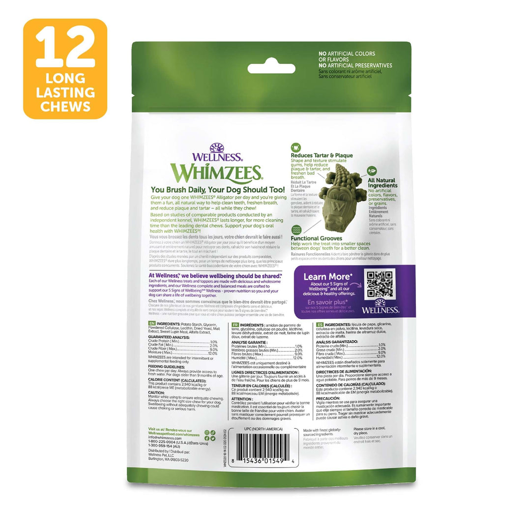 Wellness Alligator Dog Dental Treats, Natural Chews, Medium Size, (12 Count)