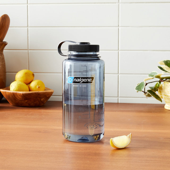 Sustain Tritan BPA-Free Water Bottle Made with Material Derived From 50% Plastic Waste, 32 OZ, Wide Mouth, Gray w/ Black Lid