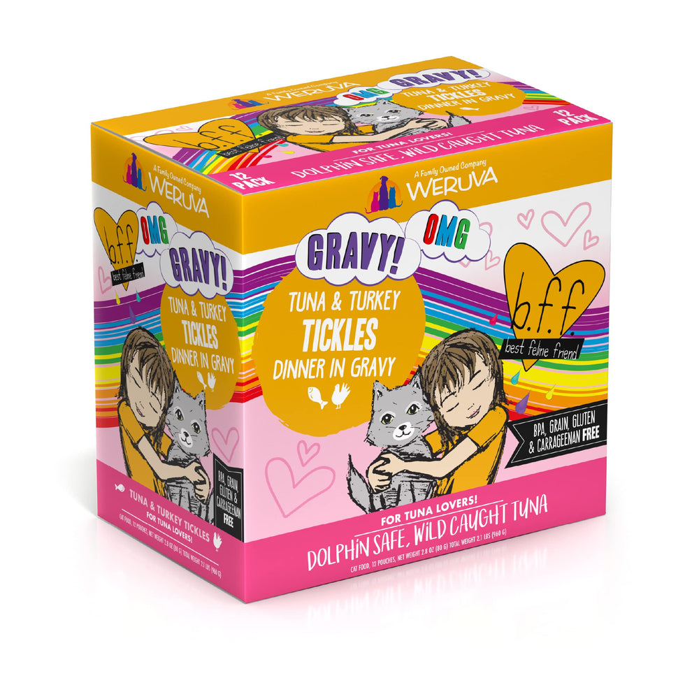 B.F.F. OMG - Best Feline Friend Oh My Gravy!, Tuna & Turkey Tickles with Tuna & Turkey in Gravy Cat Food, 3oz Pouch (Pack of 12)
