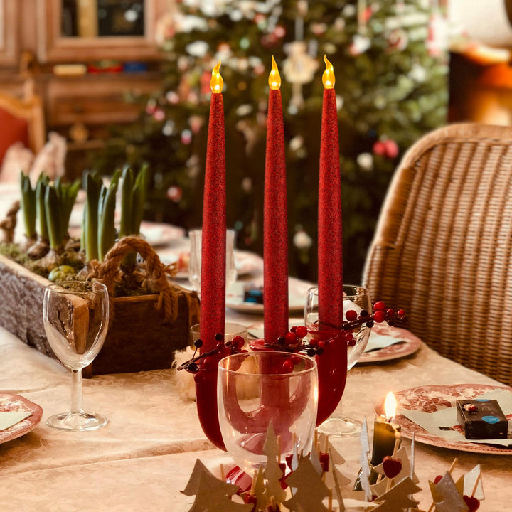 Red Glitter LED Candles - Flickering Flameless Taper Candles with 6/18 Hour Timer, Battery Operated for Safety and Elegance, Pack of 6