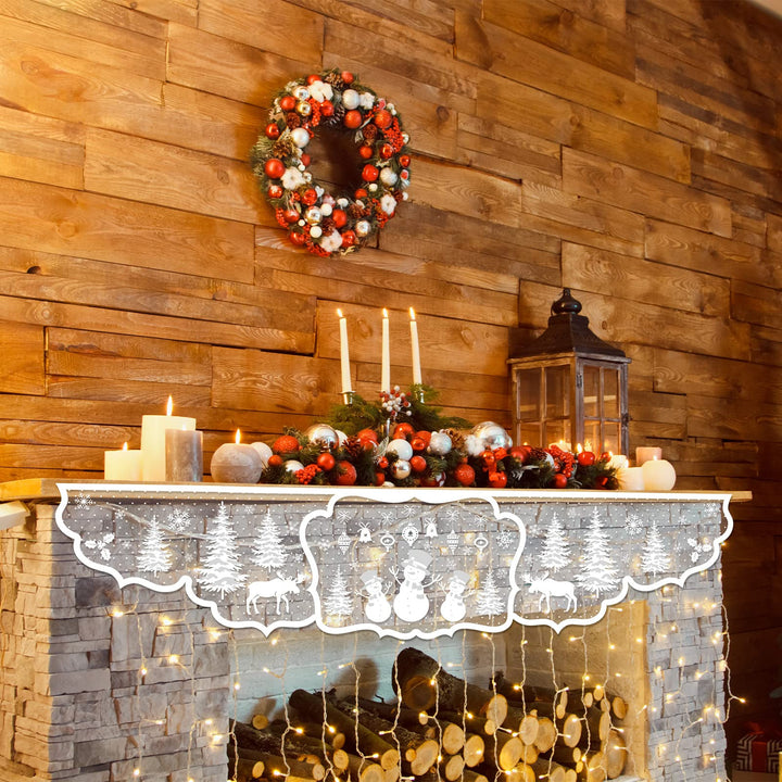 Christmas Fireplace Scarf 20 x 90 Inch Fireplace Cloth White Snowman Christmas Tree Decoration Lace Mantel Cover Runner for Christmas Holiday Home Living Room Decor