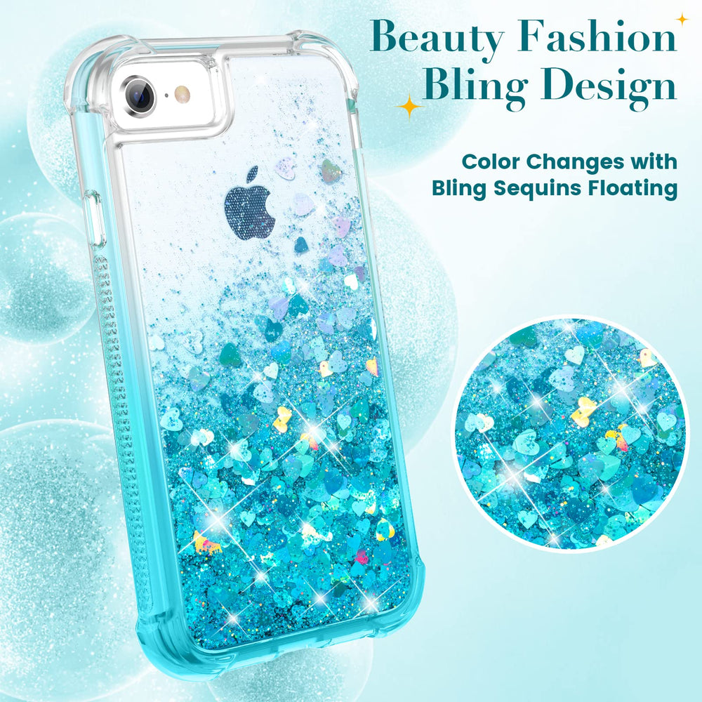 for iPhone 6 6s 7 8 Case, iPhone SE 2020 Case, Glitter Full Body Rugged Liquid Cover with Built-in Screen Protector Shockproof Heavy Duty Girls Women Case for iPhone SE 2022 4.7” (Gradient Teal)